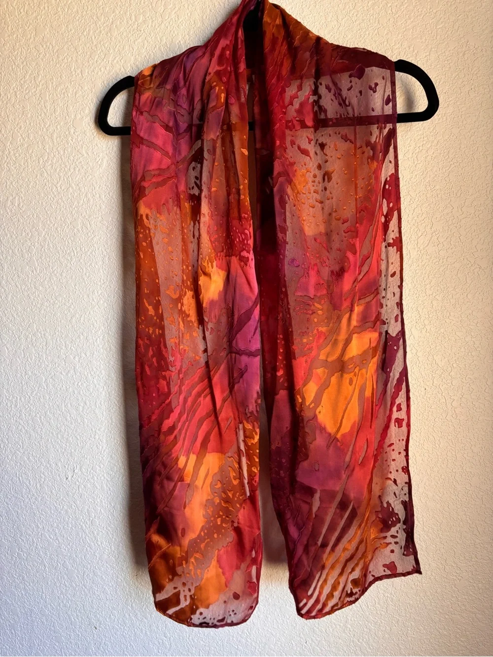 Chico's Red and Orange velvet detail Silk Print Scarf Boho Fall 🍁
